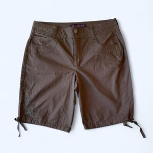 Brown Bermuda Shorts w Floral Embroidery & Tie Bottom Hems by Gloria Vanderbilt